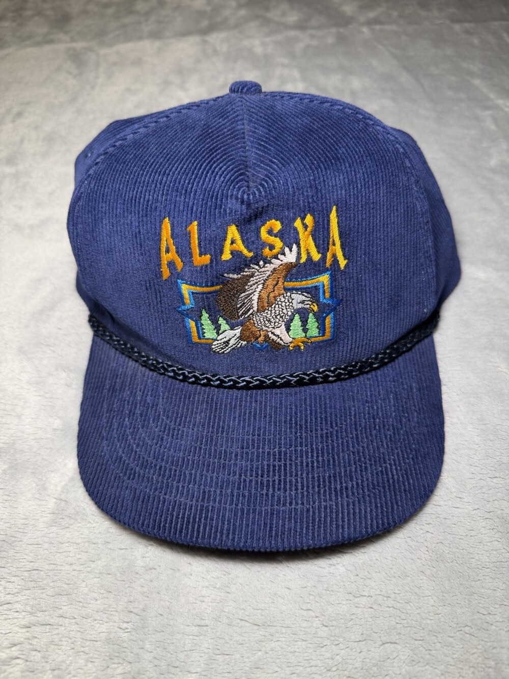 Vintage Alaska Snapback Trucker Hat Cap Corduroy Blue Eagle Outdoors One Size Ex - Picture 1 of 6